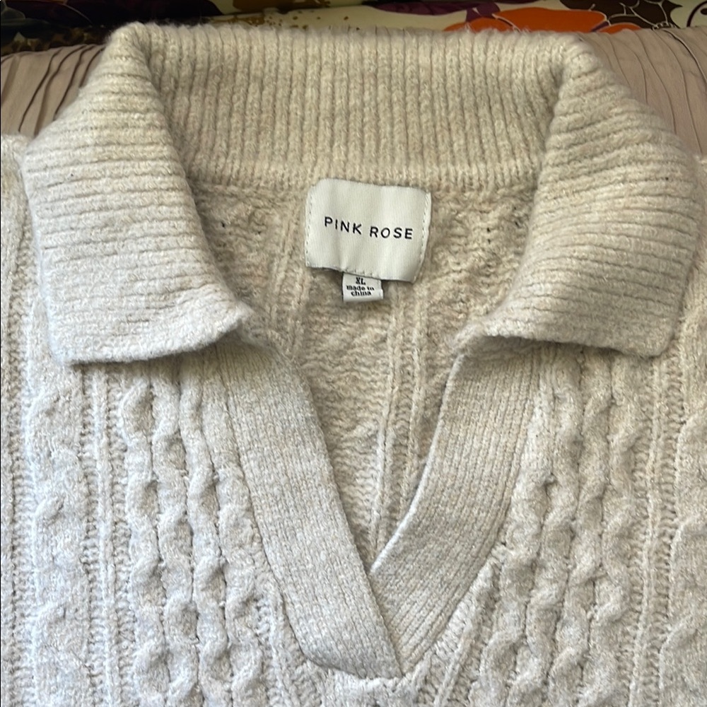 Pink Rose Cream V-Neck Cable Sweater